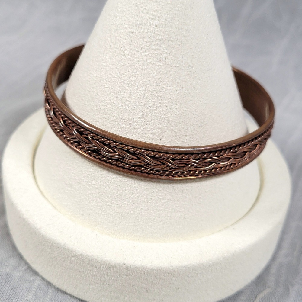 Copper Tone Cuff Bracelet Magnet Ends Braided Woven Boho Style